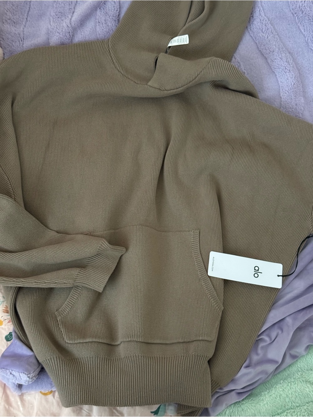 ALO Yoga Olive-Taupe Ribbed Hoodie Sweater